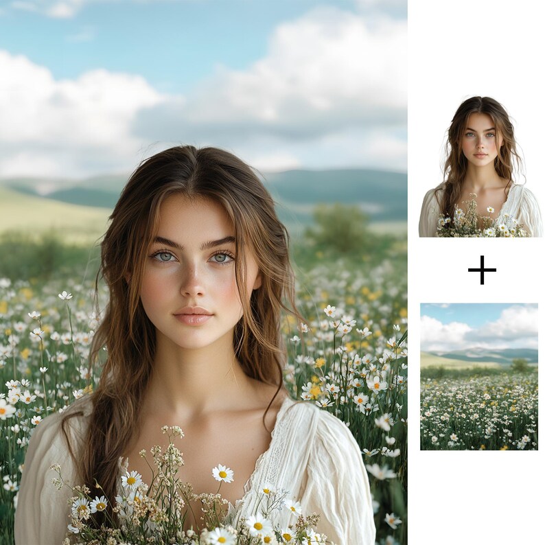 Puede incluir: Una mujer con el pelo largo y casta&ntilde;o se encuentra en un campo de margaritas blancas. Lleva un vestido blanco y sostiene un ramo de margaritas. El cielo es azul y hay nubes en el fondo.