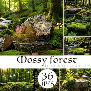 Può includere: Un neonato avvolto in una coperta verde, appoggiato su una superficie muschiosa contro una grande roccia. L'immagine è ambientata in un ambiente forestale lussureggiante, con il testo "Mossy forest backgrounds" e "36 jpeg".