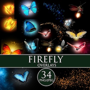 34 Firefly, Butterfly overlays, Clowworm light bulb, Magic overlays, Dragonfly art, Flying fairies glow overlays, Glowing butterfly overlays