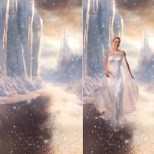 Op de afbeelding: Een vrouw in een witte jurk met een doorschijnende cape loopt door een besneeuwd landschap. De jurk heeft een getailleerd lijfje en een zwierige rok. De achtergrond toont ijzige formaties en een kasteel, met zacht, diffuus licht.