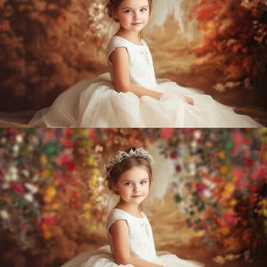 May include: A young girl wearing a white dress and a silver crown sits in front of a blurred background of flowers and trees.