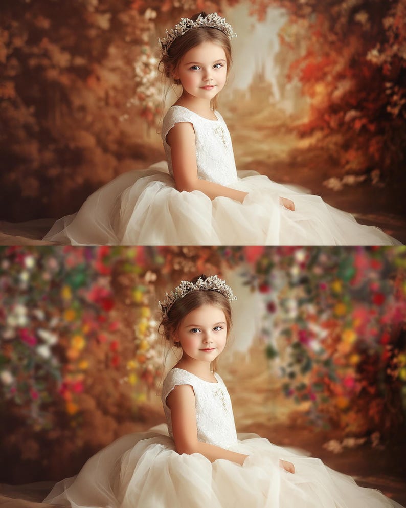 May include: A young girl wearing a white dress and a silver crown sits in front of a blurred background of flowers and trees.