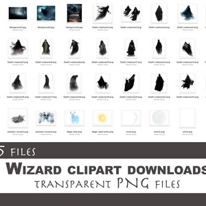 Puede incluir: Una colecci&oacute;n de 35 archivos PNG transparentes con im&aacute;genes predise&ntilde;adas de magos. Las im&aacute;genes incluyen varias criaturas de la muerte, nubes dram&aacute;ticas, un ciervo m&aacute;gico, un brillo de varita m&aacute;gica y lunas. El texto "35 ARCHIVOS" y "WIZARD CLIPART DOWNLOADS TRANSPARENT PNG FILES" es visible en la parte inferior de la imagen.