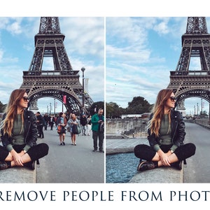 May include: A woman sits on a ledge in front of the Eiffel Tower in Paris, France. The sky is blue with white clouds. The woman is wearing a green shirt, black pants, and a black leather jacket. The Eiffel Tower is in the background.