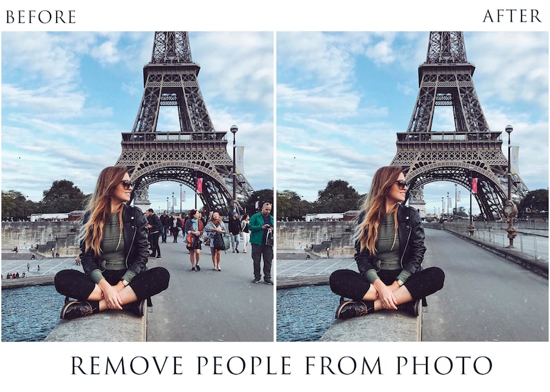 May include: A woman sits on a ledge in front of the Eiffel Tower in Paris, France. The sky is blue with white clouds. The woman is wearing a green shirt, black pants, and a black leather jacket. The Eiffel Tower is in the background.
