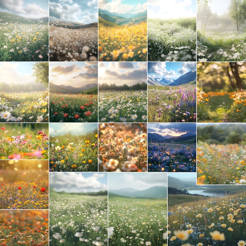 Puede incluir: Un collage de 20 im&aacute;genes que muestran diferentes prados de flores silvestres en distintos colores y entornos. Las im&aacute;genes presentan una variedad de flores silvestres, incluyendo margaritas, amapolas y campanillas, en una variedad de colores, incluyendo blanco, amarillo, rojo, azul y morado. Las im&aacute;genes est&aacute;n dispuestas en una cuadr&iacute;cula y cada imagen tiene un tama&ntilde;o y una forma diferentes.