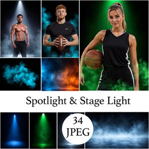 May include: A digital collection of 34 JPEG files featuring spotlight and stage light effects. The images display various colored beams of light, including blue and green, combined with atmospheric smoke and fog against dark backgrounds.