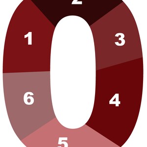 May include: A red and brown pie chart shaped like the number zero. The chart is divided into six sections, each labeled with a number from one to six.