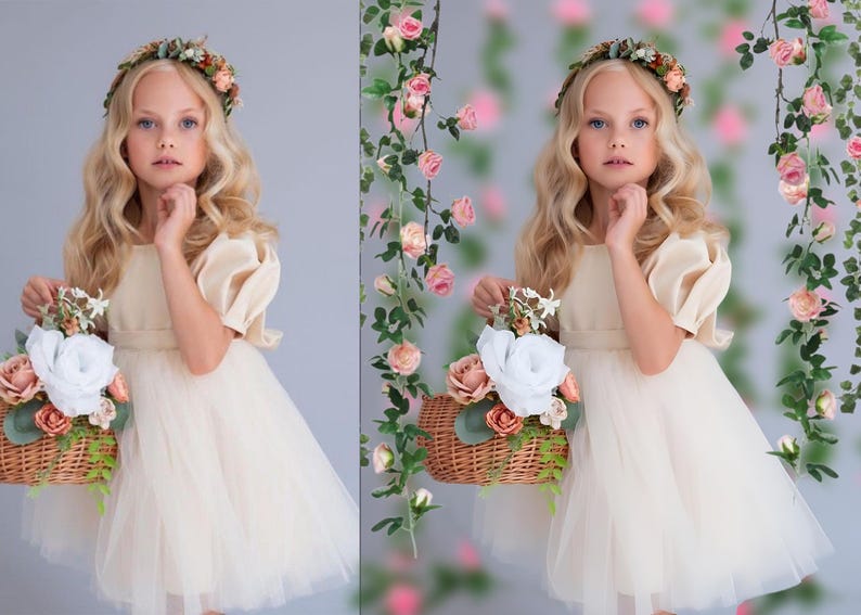 May include: A young girl in a white tulle dress with a floral crown holds a wicker basket filled with pink and white flowers. The background is a blurred image of pink flowers and greenery.