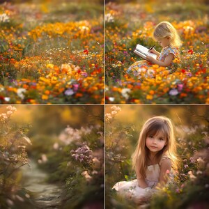 Puede incluir: Una ni&ntilde;a peque&ntilde;a se sienta en un campo de flores silvestres, con un vestido blanco y sosteniendo un libro. El sol brilla intensamente, proyectando un c&aacute;lido resplandor en la escena.