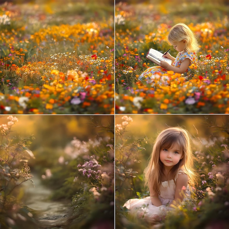 Puede incluir: Una ni&ntilde;a peque&ntilde;a se sienta en un campo de flores silvestres, con un vestido blanco y sosteniendo un libro. El sol brilla intensamente, proyectando un c&aacute;lido resplandor en la escena.