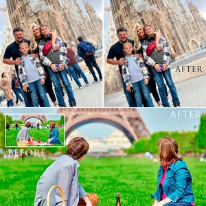May include: A family of four poses in front of a large, ornate building. The father is wearing a blue plaid shirt, the mother is wearing a white shirt, and the two children are wearing blue jeans and plaid shirts. The building has a lot of intricate details and is made of stone.