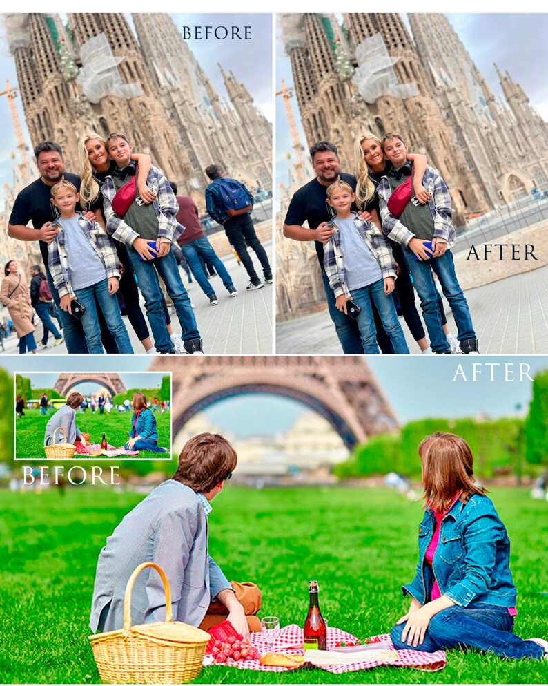 May include: A family of four poses in front of a large, ornate building. The father is wearing a blue plaid shirt, the mother is wearing a white shirt, and the two children are wearing blue jeans and plaid shirts. The building has a lot of intricate details and is made of stone.