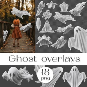 May include: A collection of 18 digital ghost overlays featuring white, draped fabric figures with dark oval eye cutouts. The set includes various poses of floating and standing ghosts, presented as individual PNG files for creative editing projects.