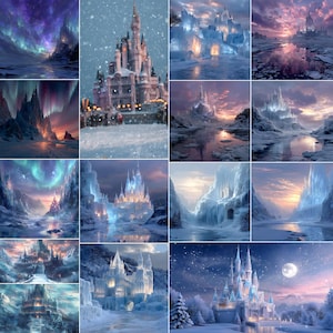 Op de afbeelding: Een verzameling digitale kunstprints met fantasiekastelen en landschappen. De afbeeldingen tonen verschillende kastelen in besneeuwde omgevingen, met levendige luchten en aurora borealis-effecten. Het kunstwerk roept een gevoel van magie en verwondering op.