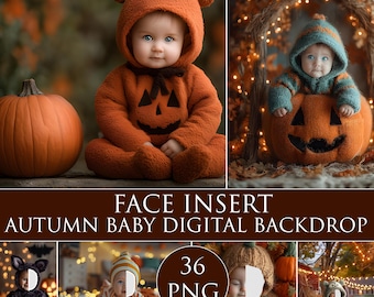 Può includere: Un'immagine composita con bambini in costume di Halloween. Un bambino indossa un costume da zucca arancione con una faccia da Jack-o'-lantern. Il testo "FACE INSERT AUTUMN BABY DIGITAL BACKDROP" e "36 PNG" è incluso.