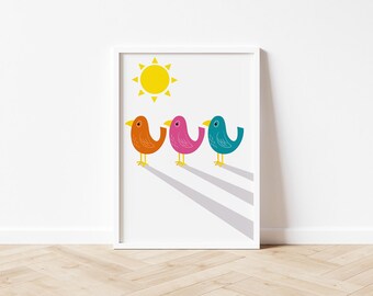 Colorful Birds Art Print: Summer Sunshine Wall Decor