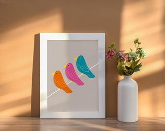 Colorful Birds on a Wire Print: Minimalist Wall Decor (A4)