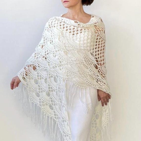 Crochet Bridal Shawl,  Handmade Ivory Wool Wedding Wrap, Fringed Lace