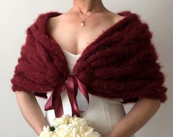 Mohair bruiloftsjaal, bordeauxrode bruidsomslag, cadeau bruidsmeisje