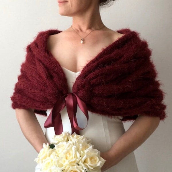 Wedding Shawl, Bridal Wrap, Wine Cover Up, Burgundy Wrap, Bridesmaid Gift, Knitted Bolero, Evening, Mohair Cape, Winter Wedding