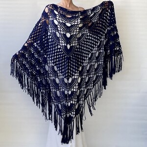 Wedding Navy Blue Cotton Wraps And Shawls, Bridal Crochet Fringed Scarf, Women Evening Cover up, Bridesmaid Gift