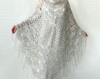 Châle de mariage gris au crochet, écharpe de mariée, couverture en mohair, châle de soirée, mère de la mariée, cadeau de demoiselle d'honneur, mariage automne hiver, triangulaire