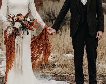 Crochet Cotton Wedding Shawl, Cinnamon Rust Boho Wrap, Lace Bridal Cover Up