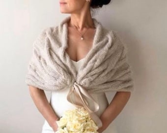 Wedding Beige Shawl, Bridal Mohair Wrap, Knit Cover Up, Plus Size Shawl