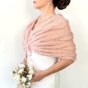 Handmade Blush Pink Mohair Wedding Shawl: Fuzzy Bridal Wrap