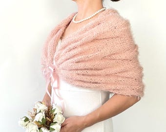 Handmade Blush Pink Mohair Wedding Shawl: Fuzzy Bridal Wrap