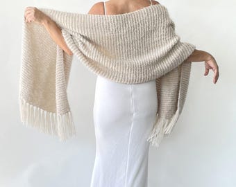 Winter shawl, bridal wedding wrap, beige cover up, fringed wool scarf, mohair evening stole, bridesmaid gift, rectangle shawl, warm