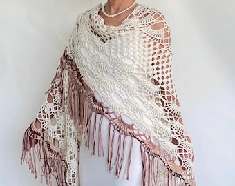 Handmade Crochet Cotton Blend Shawl: Boho Fringed Wedding Wrap