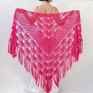 Cotton crochet shawl, fuchsia cover up, evening wrap, wedding bridal shawl, boho pink fringed scarf, gift for her, summer, virus