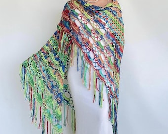 Handmade Crochet Wedding Shawl: Multicolor Fringed Boho Bridal Wrap