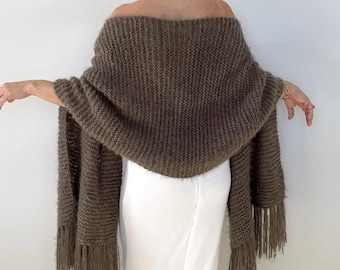 Mohair Bridal Shawl, Taupe Wedding Fringed Wrap