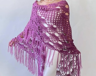 Crochet Wedding Shawl: Dark Rose Wool Bridal Wrap