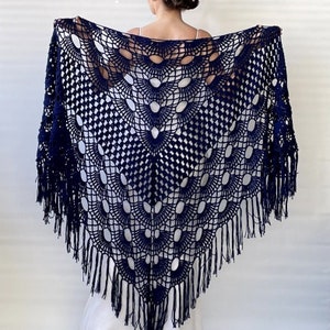 Navy Blue Cotton Shawl, Crochet Wrap, Boho Fringed Scarf, Women Evening Cover up, Gift for her, Wedding Bridal Shawl