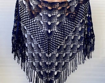 Handmade Navy Blue Crochet Shawl: Boho Fringed Cotton Wrap