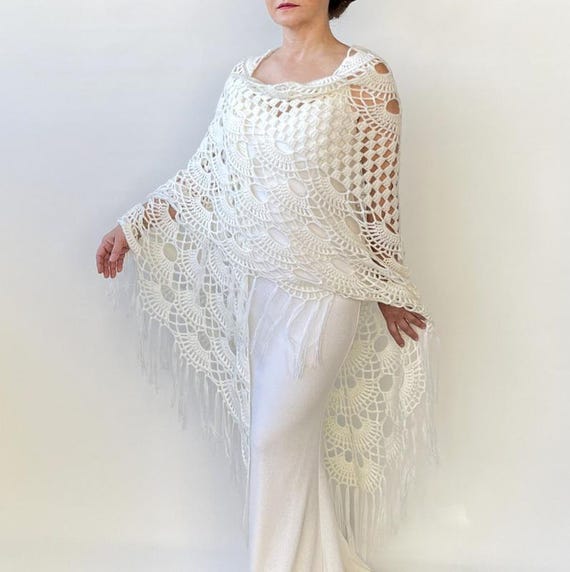 Ivory Crochet Wool Wedding Shawl, Handmade Fringed Bridal Wrap - Etsy