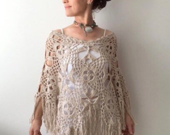 Crochet poncho, wedding capelet, beige cover up, cotton cape, fringed poncho, lacy summer top, lace cape, poncho for women, fast shipping