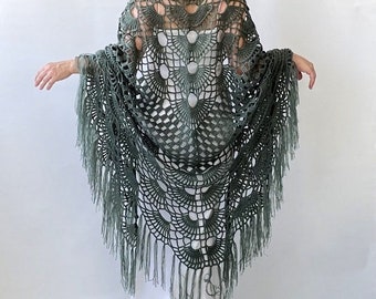 Handmade Green Crochet Mohair Shawl: Boho Fringed Wedding Wrap