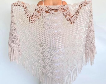 Handmade Crochet Bridal Shawl: Beige Cotton Wedding Wrap with Fringe