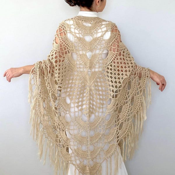 Beige Crochet Wedding Shawl: Mohair Bridal Wrap with Fringe