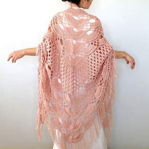 Wedding crochet shawl, bridal wool wrap, rose cover up, virus fringed shawl, winter wedding, evening scarf, blush pink wrap