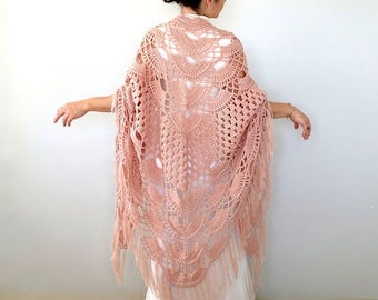 Handmade Blush Pink Crochet Wedding Shawl, Fringed Bridal Wrap