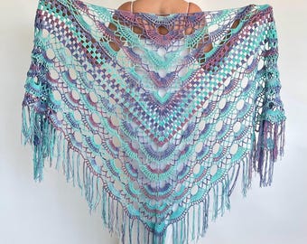 Coprispalle da sposa, scialle di cotone blu, sciarpa da sera rosa, coprispalle boho viola con frange, regalo per lei, coprispalle all'uncinetto multicolore