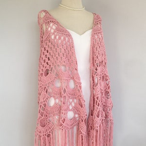 Wedding shawl, crochet cotton shawl, boho cover up, fringed shawl, pink wrap, shawl and wrap, virus shawl, gift for her, evening, bride