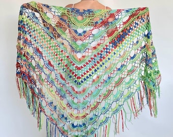 Handmade Crochet Multicolor Wedding Shawl: Boho Fringed Cotton Blend
