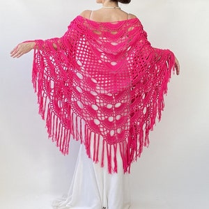Wedding cotton shawl, bridal crochet wrap, fuchsia cover up, pink evening wrap, boho fringed scarf, gift for her, summer, virus